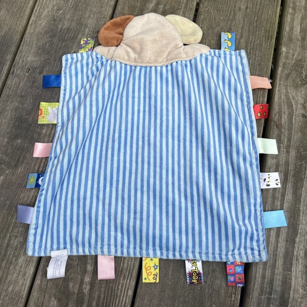 Taggies Peek A Boo Buddy Puppy Dog Baby Blanket Blue Stripe Bone Security Lovey
